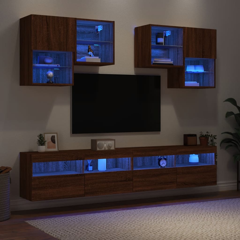 Vetonek Muebles de TV de pared con luces LED 6 piezas marrón roble