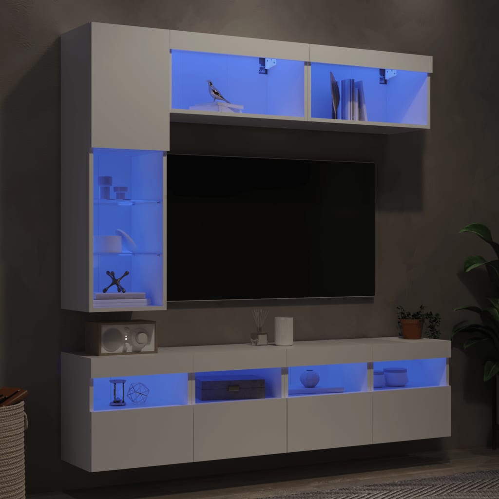 Vetonek Mueble de pared de TV con luces LED 7 piezas blanco