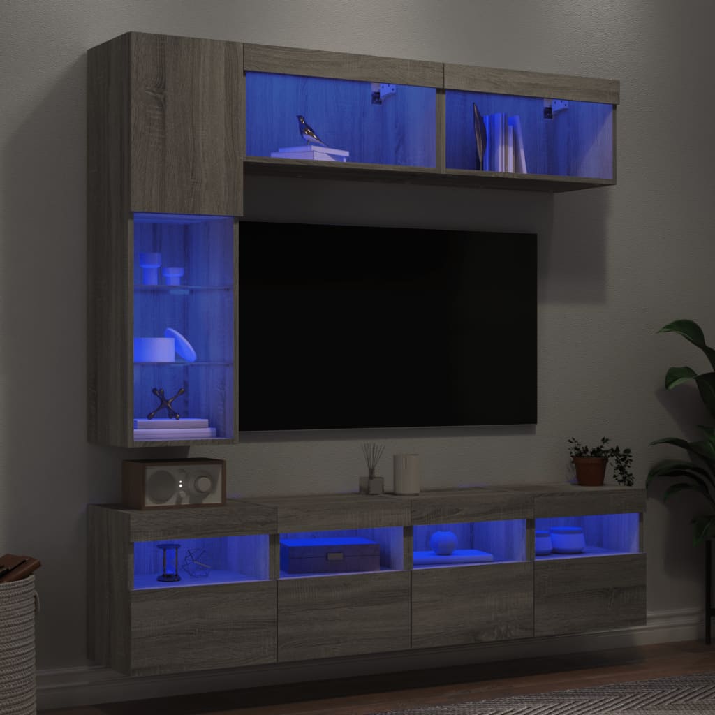 Vetonek Muebles de TV de pared con luces LED 7 piezas gris sonoma