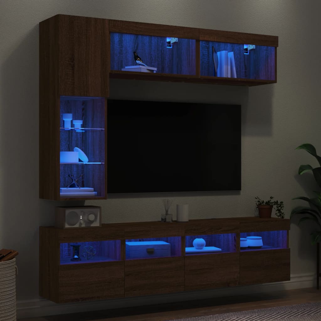 Vetonek Muebles de TV de pared con luces LED 7 piezas marrón roble