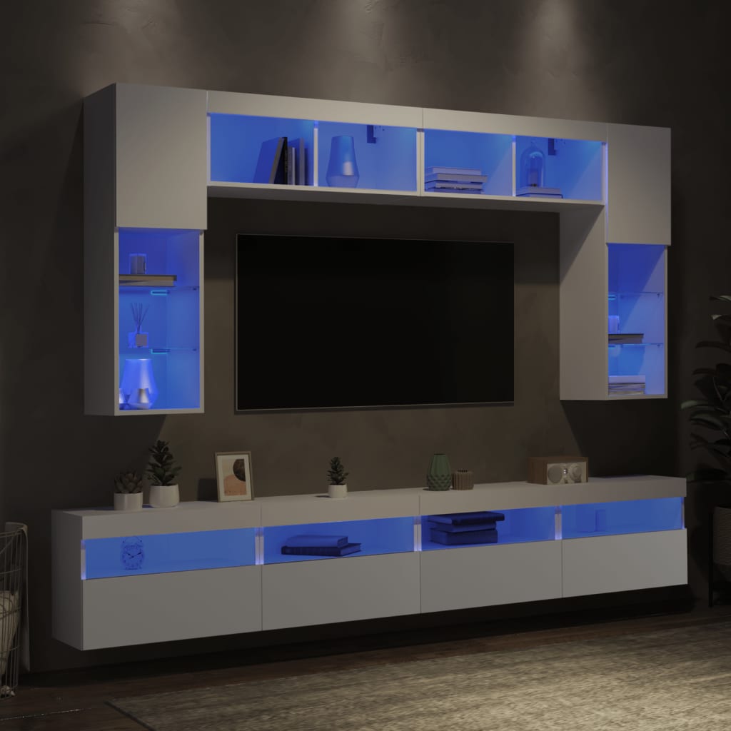 Vetonek Mueble de pared de TV con luces LED 8 piezas blanco