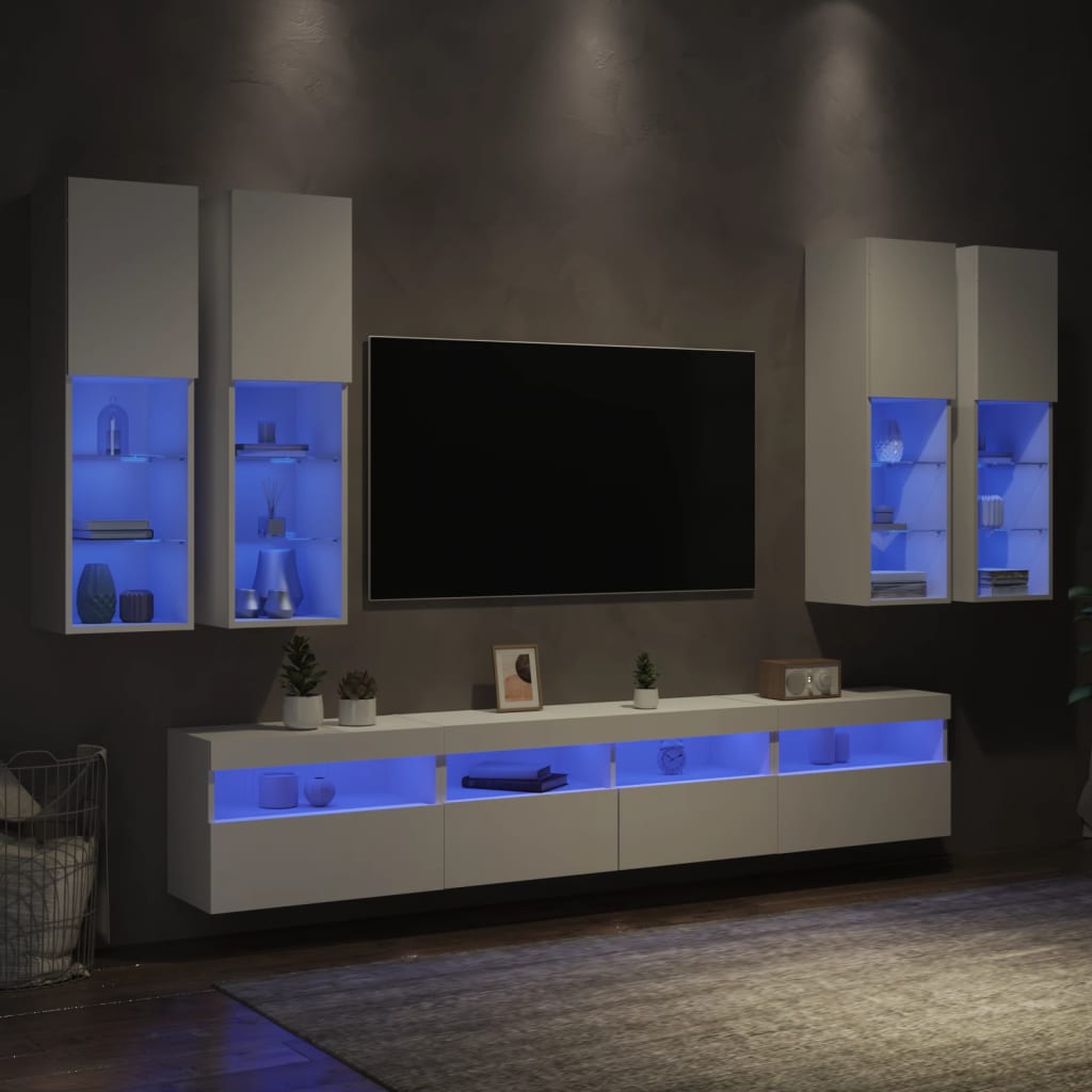 Vetonek Muebles de TV de pared con luces LED 7 piezas blanco