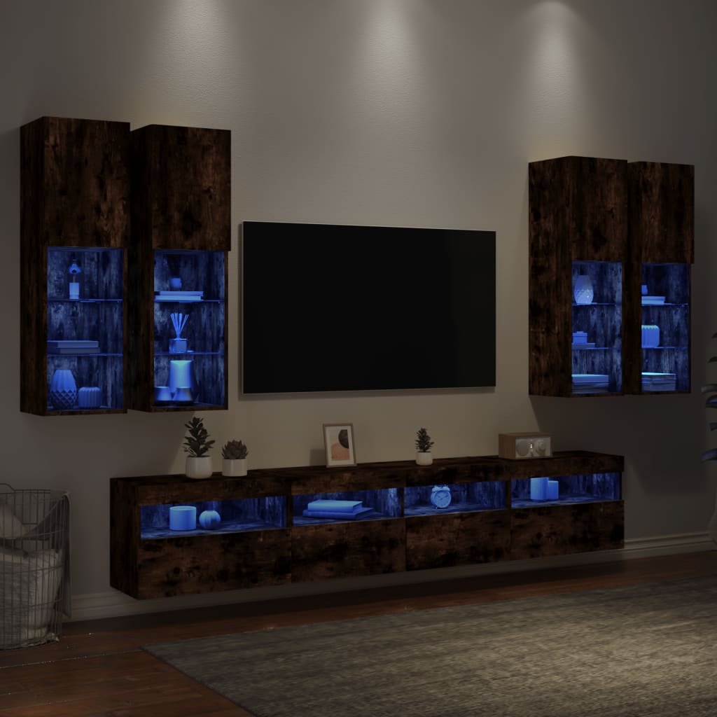 Vetonek Muebles de TV de pared con luces LED 7 piezas roble ahumado