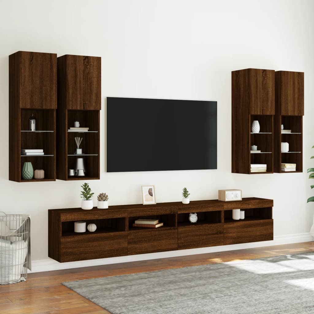 Wall TV Furniture with LED Leds 7 pieces Brown Roble V77