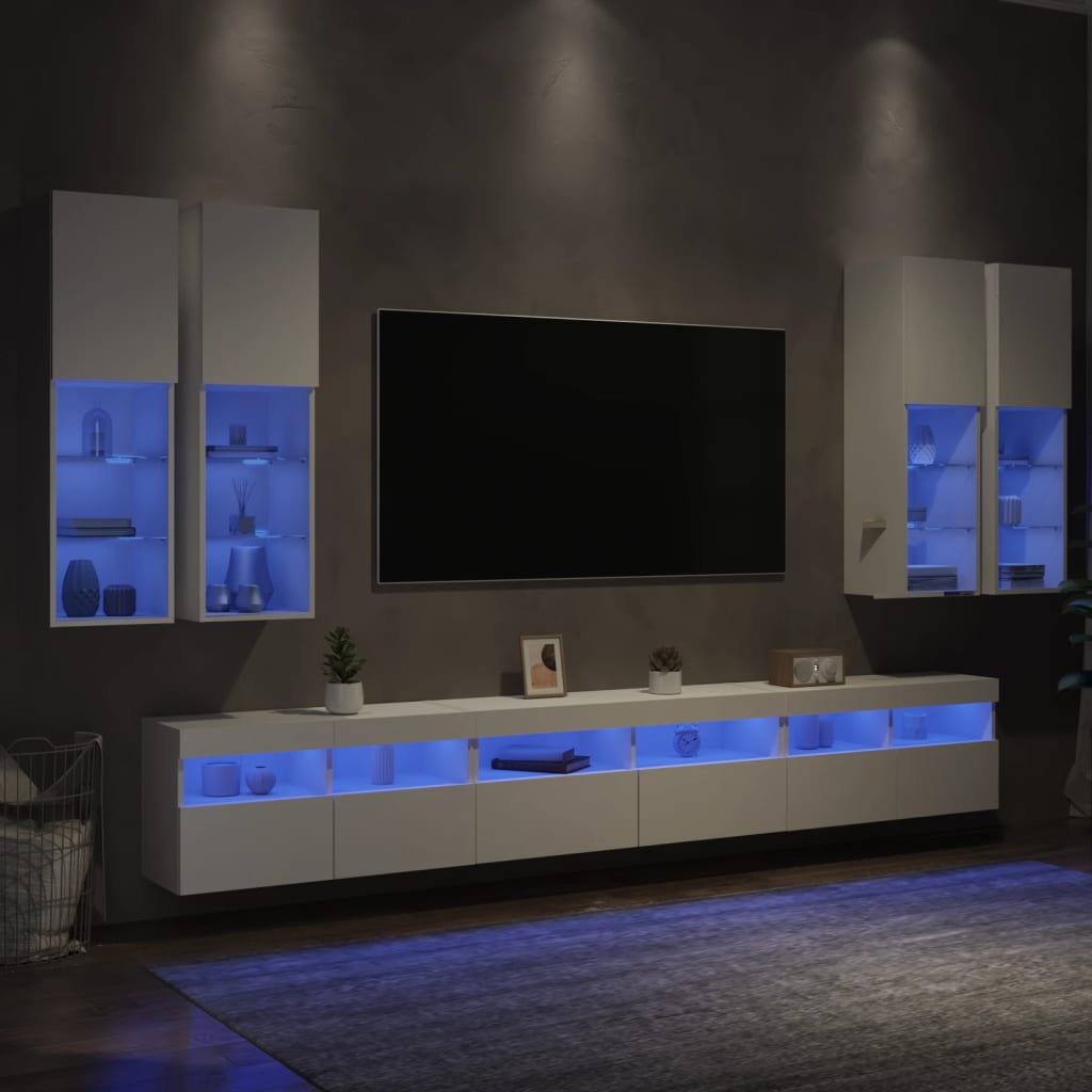 Vetonek Mueble de pared de TV con luces LED 7 piezas blanco