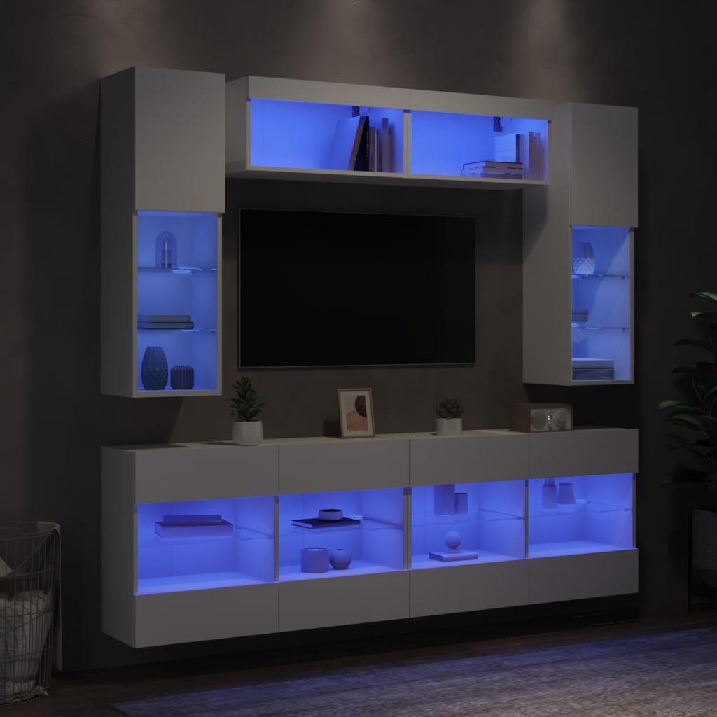 Vetonek Muebles de pared de TV con luces LED 6 piezas blanco