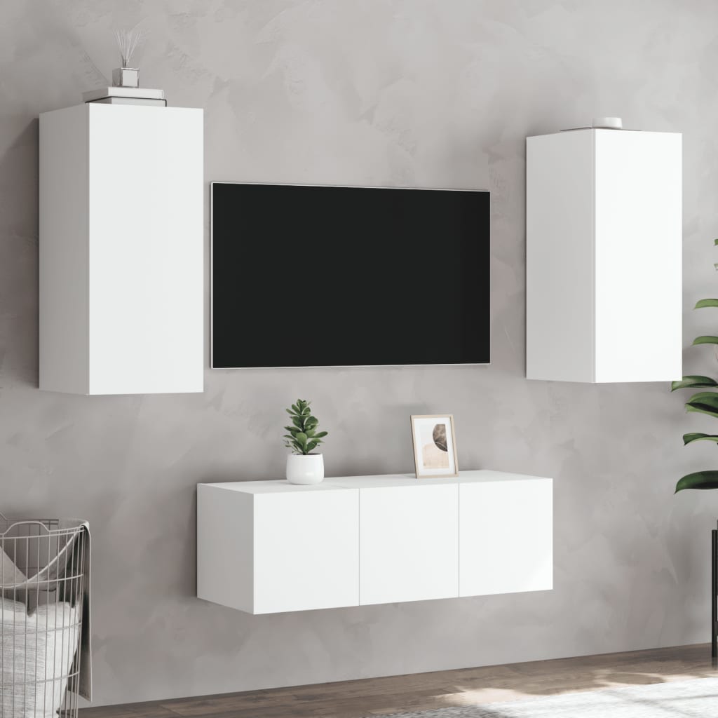 Muebles de TV de pared con LED 4 pzas madera ingeniería blanco V04