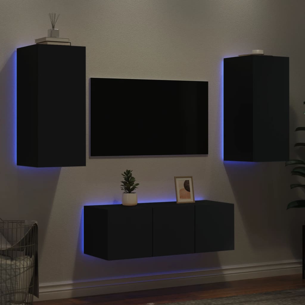 Vetonek Muebles de TV de pared con LED 4 pzas madera ingeniería negro