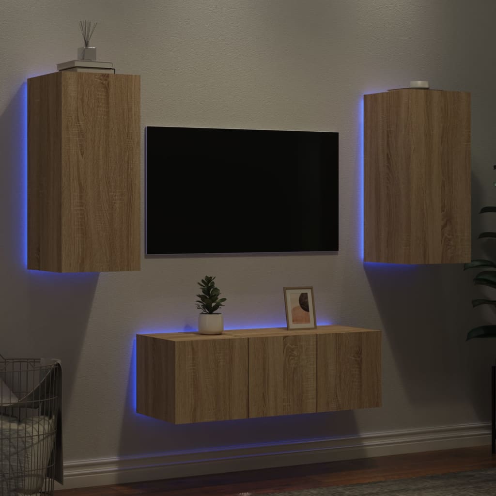 Vetonek Muebles TV pared con LED 4 pzas madera ingeniería roble Sonoma