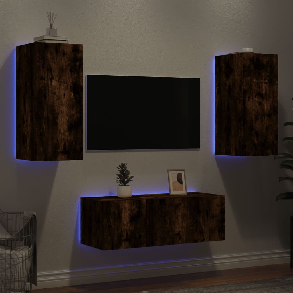 Vetonek Muebles TV pared con LED 4 pzas madera ingeniería roble ahumado