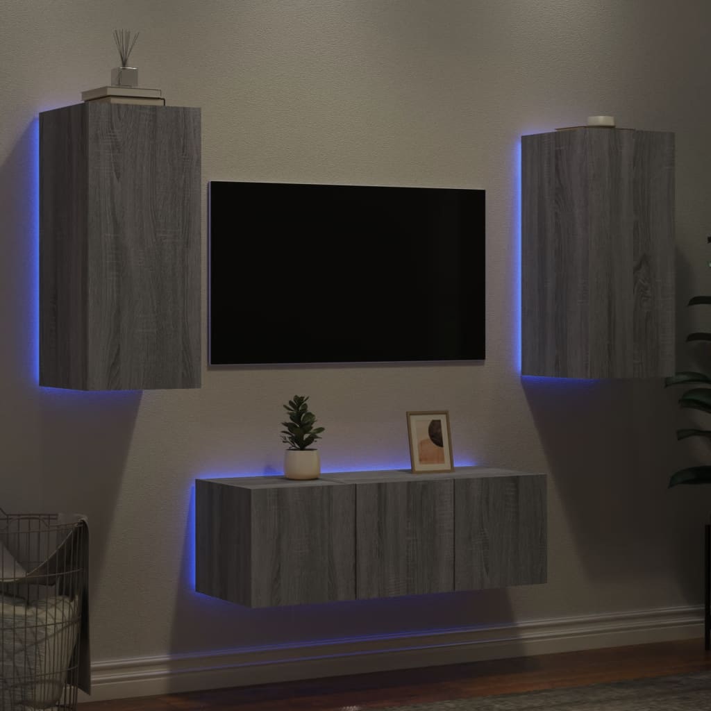 Vetonek Muebles TV pared con LED 4 pzas madera ingeniería gris Sonoma