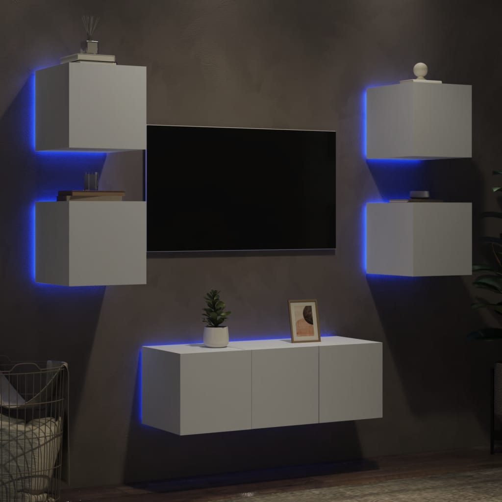 Vetonek Muebles de TV de pared con LED 6 pzas madera ingeniería blanco