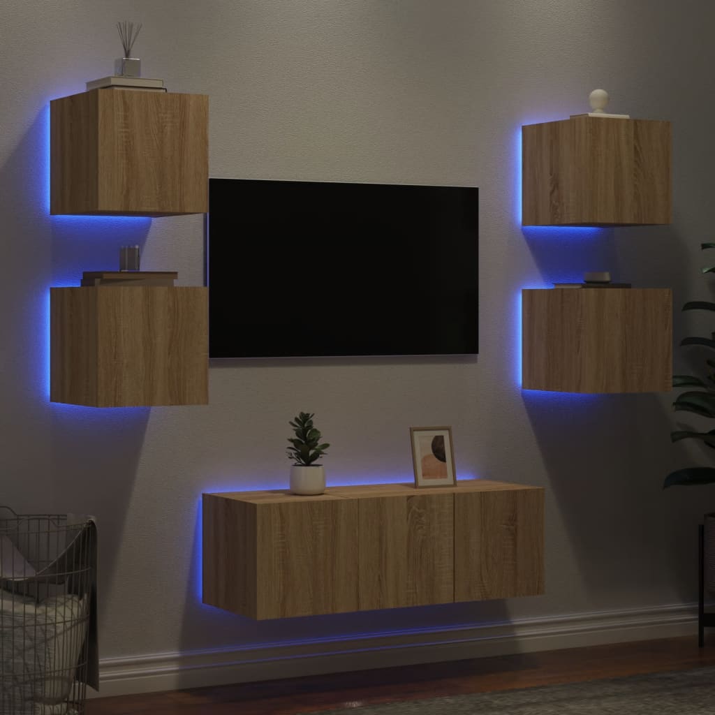 Vetonek Muebles TV pared con LED 6 pzas madera ingeniería roble Sonoma