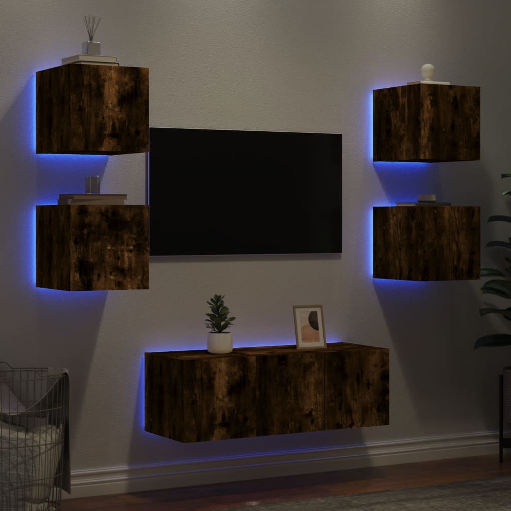 Vetonek Muebles TV pared con LED 6 pzas madera ingeniería roble ahumado