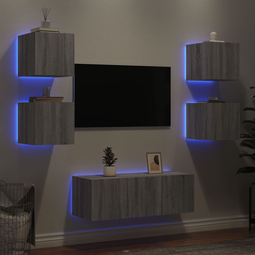 Vetonek Muebles TV pared con LED 6 pzas madera ingeniería gris Sonoma