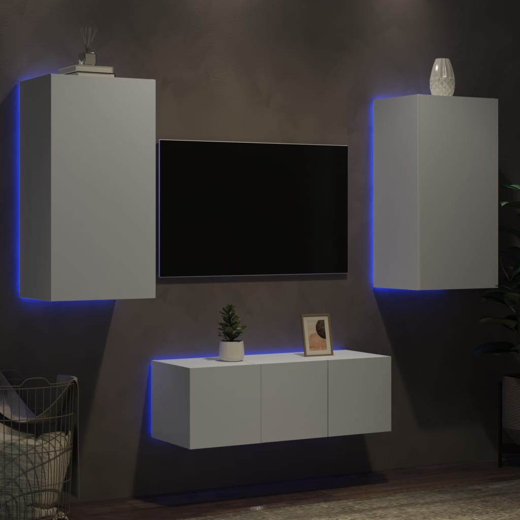 Vetonek Muebles de TV de pared con LED 4 pzas madera ingeniería blanco