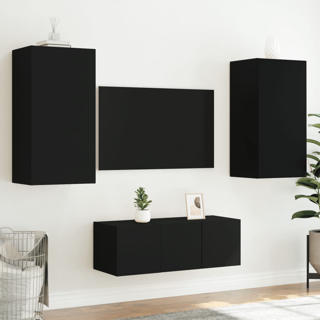 Muebles de TV de pared con LED 4 pzas madera ingeniería negro V19