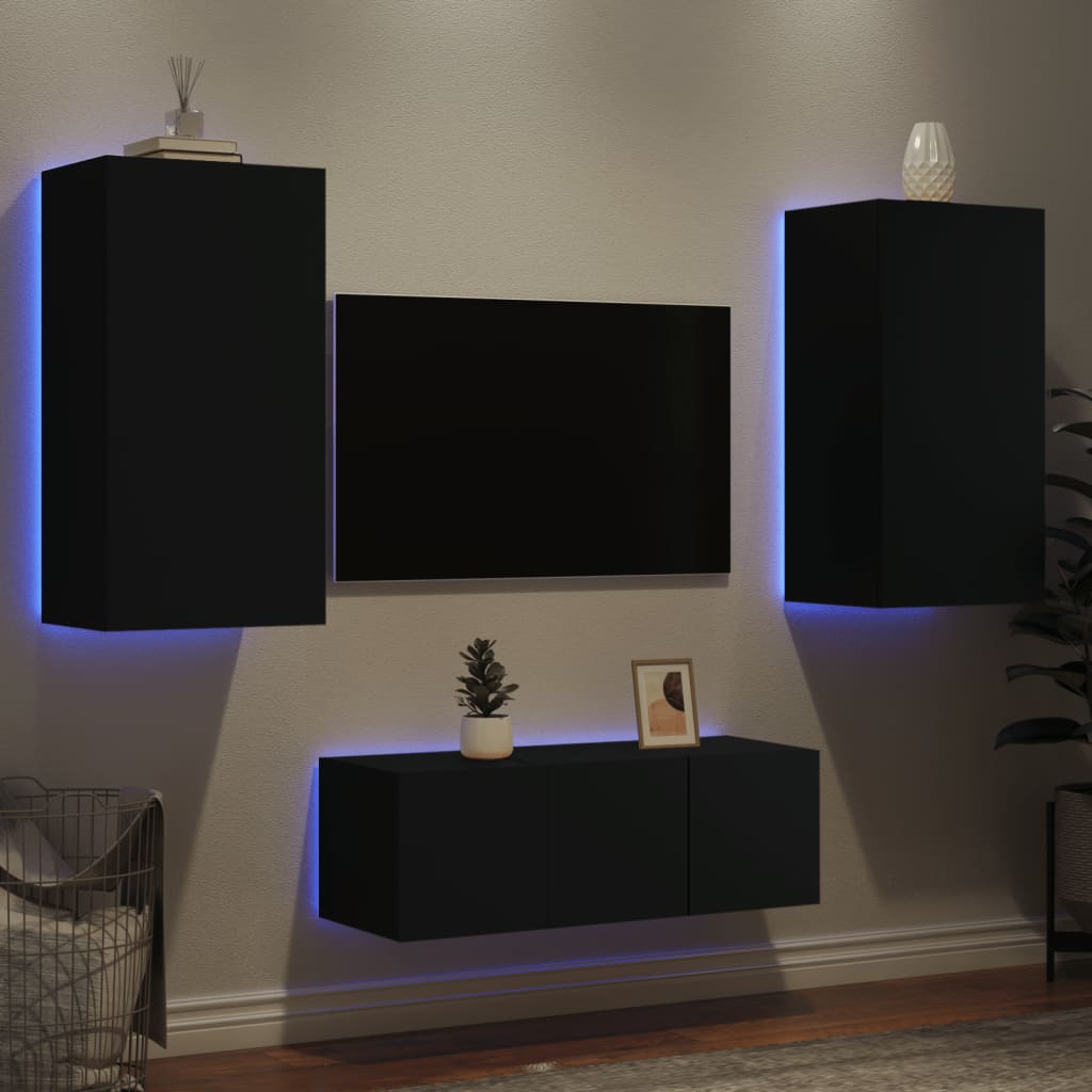 Vetonek Muebles de TV de pared con LED 4 pzas madera ingeniería negro