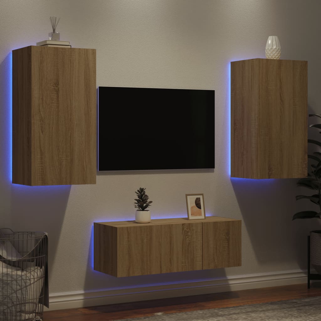 Vetonek Muebles TV pared con LED 4 pzas madera ingeniería roble Sonoma