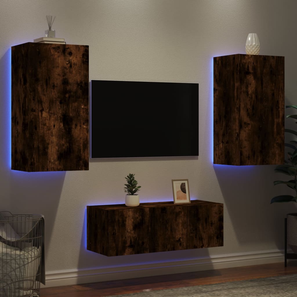 Vetonek Muebles TV pared con LED 4 pzas madera ingeniería roble ahumado