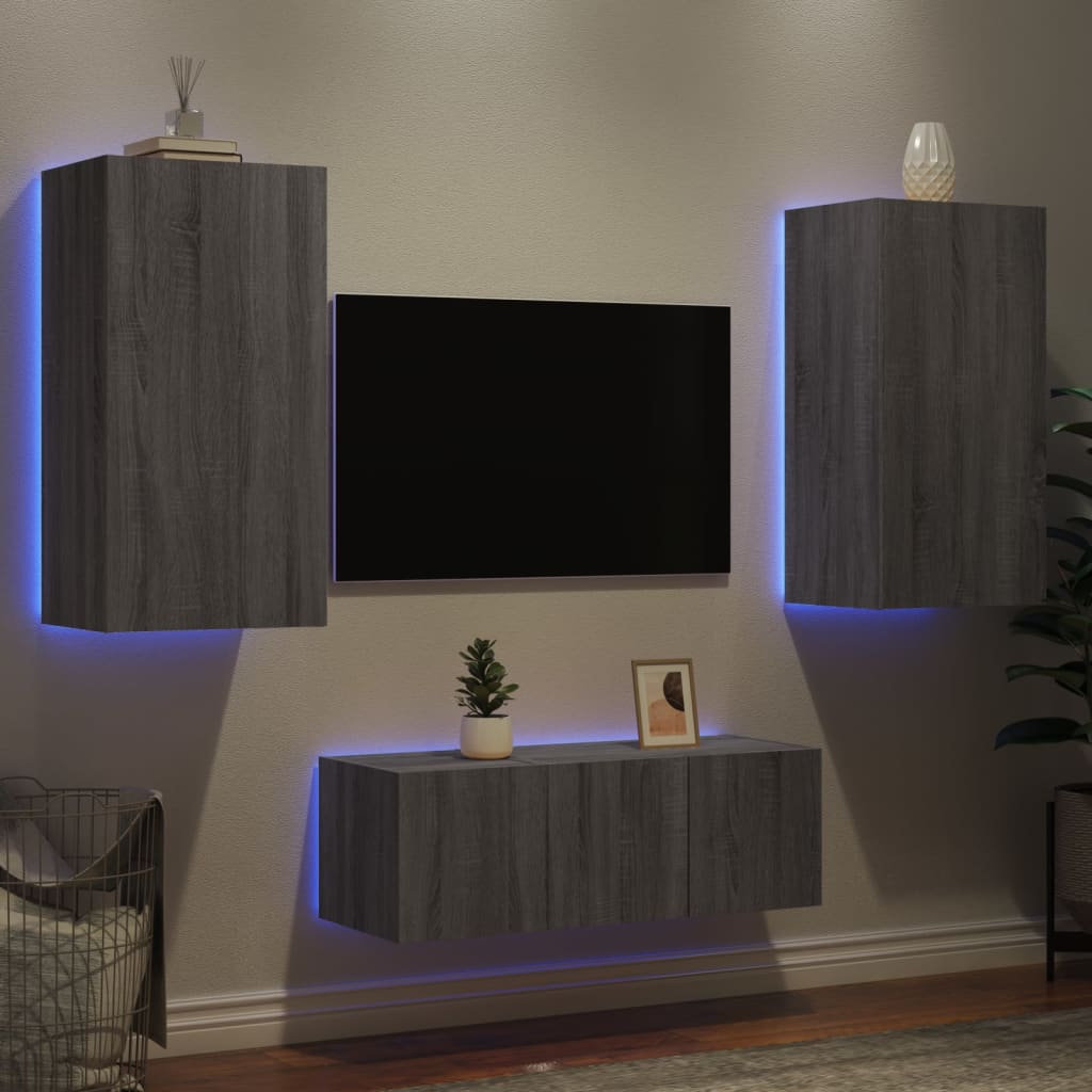 Vetonek Muebles TV pared con LED 4 pzas madera ingeniería gris Sonoma