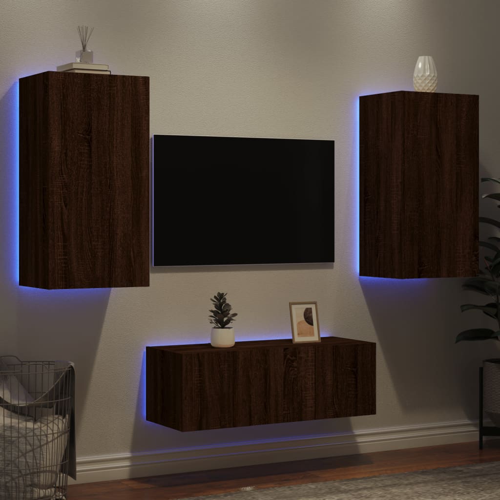 Vetonek Muebles TV pared con LED 4 pzas madera ingeniería marrón roble