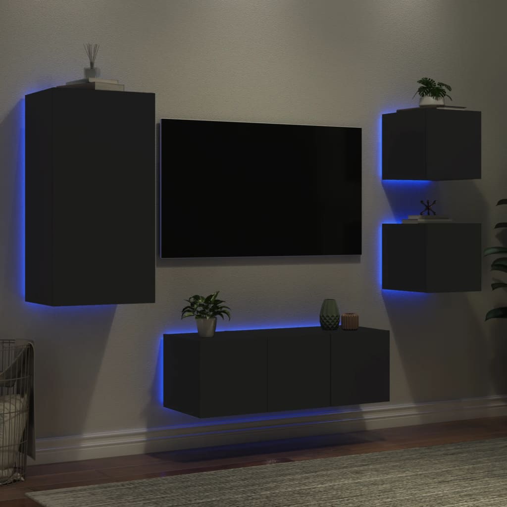 Vetonek Muebles de TV de pared con LED 5 pzas madera ingeniería negro