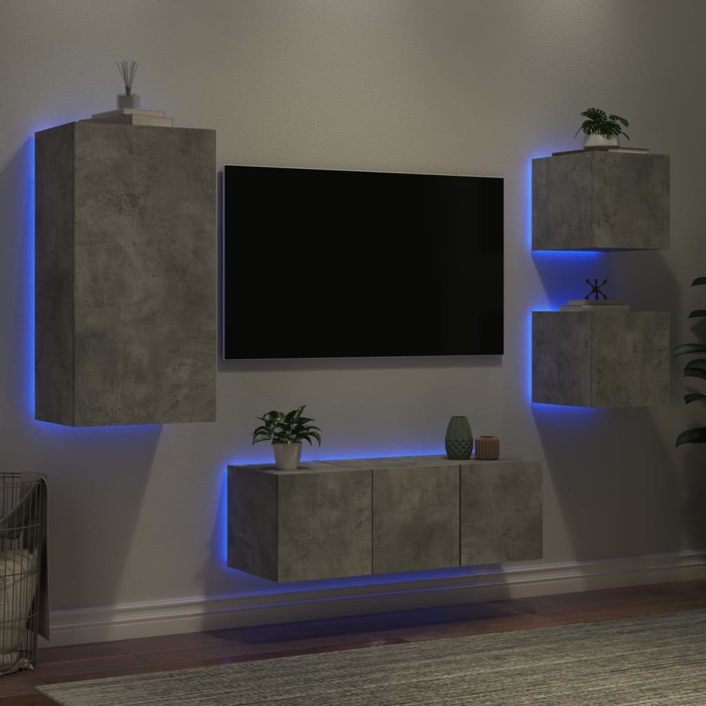 Vetonek Muebles TV pared con LED 5 pzas madera ingeniería gris hormigón