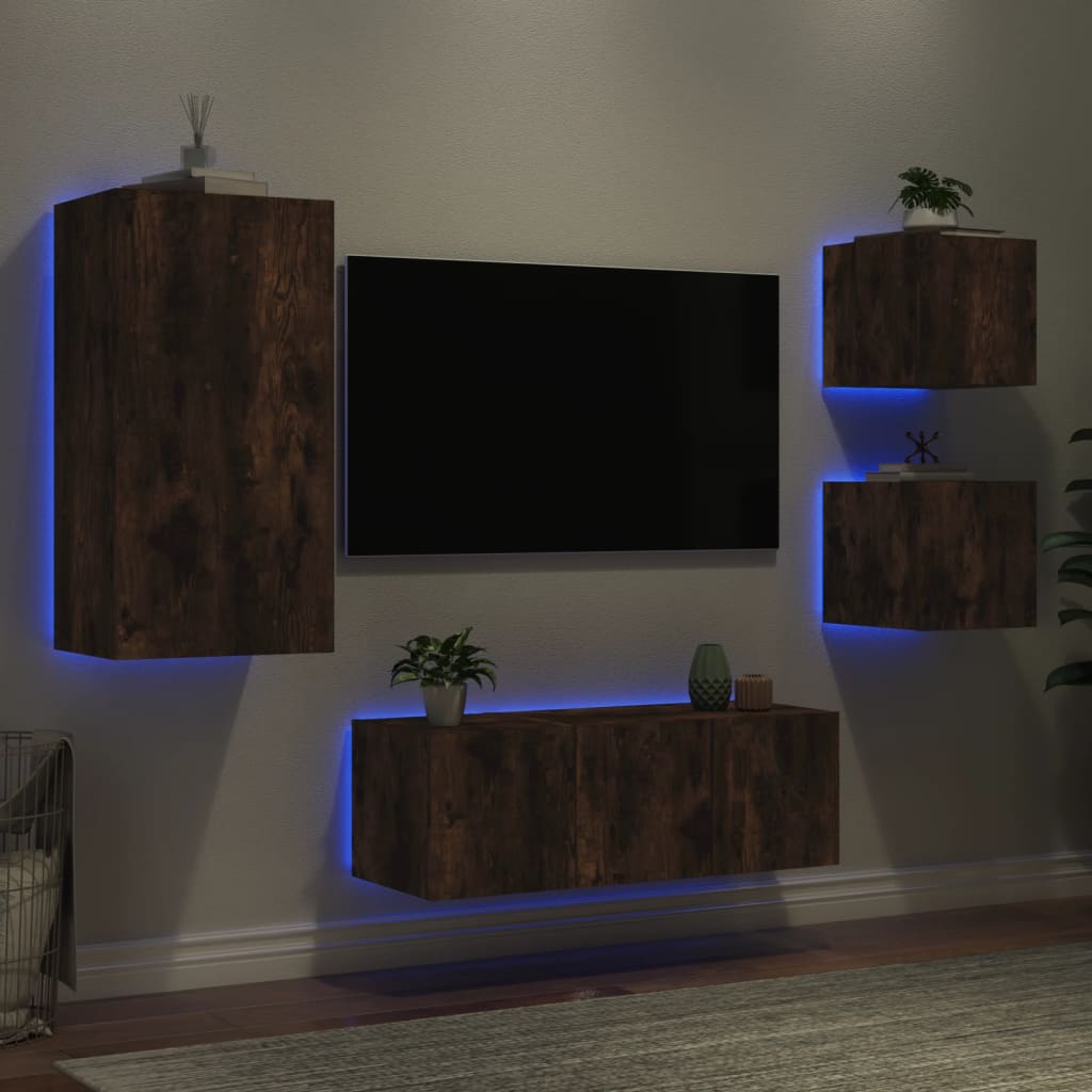 Vetonek Muebles TV pared con LED 5 pzas madera ingeniería roble ahumado