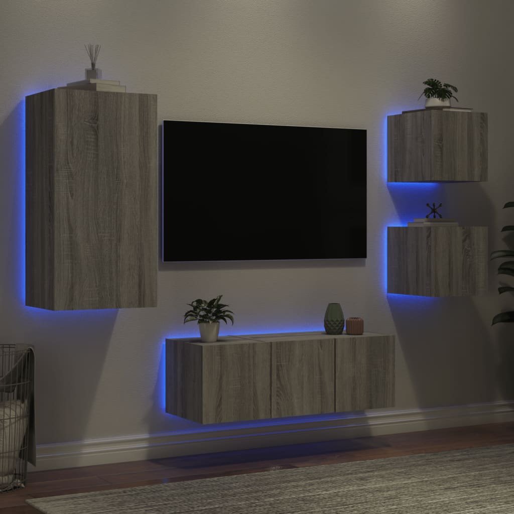 Vetonek Muebles TV pared con LED 5 pzas madera ingeniería gris Sonoma