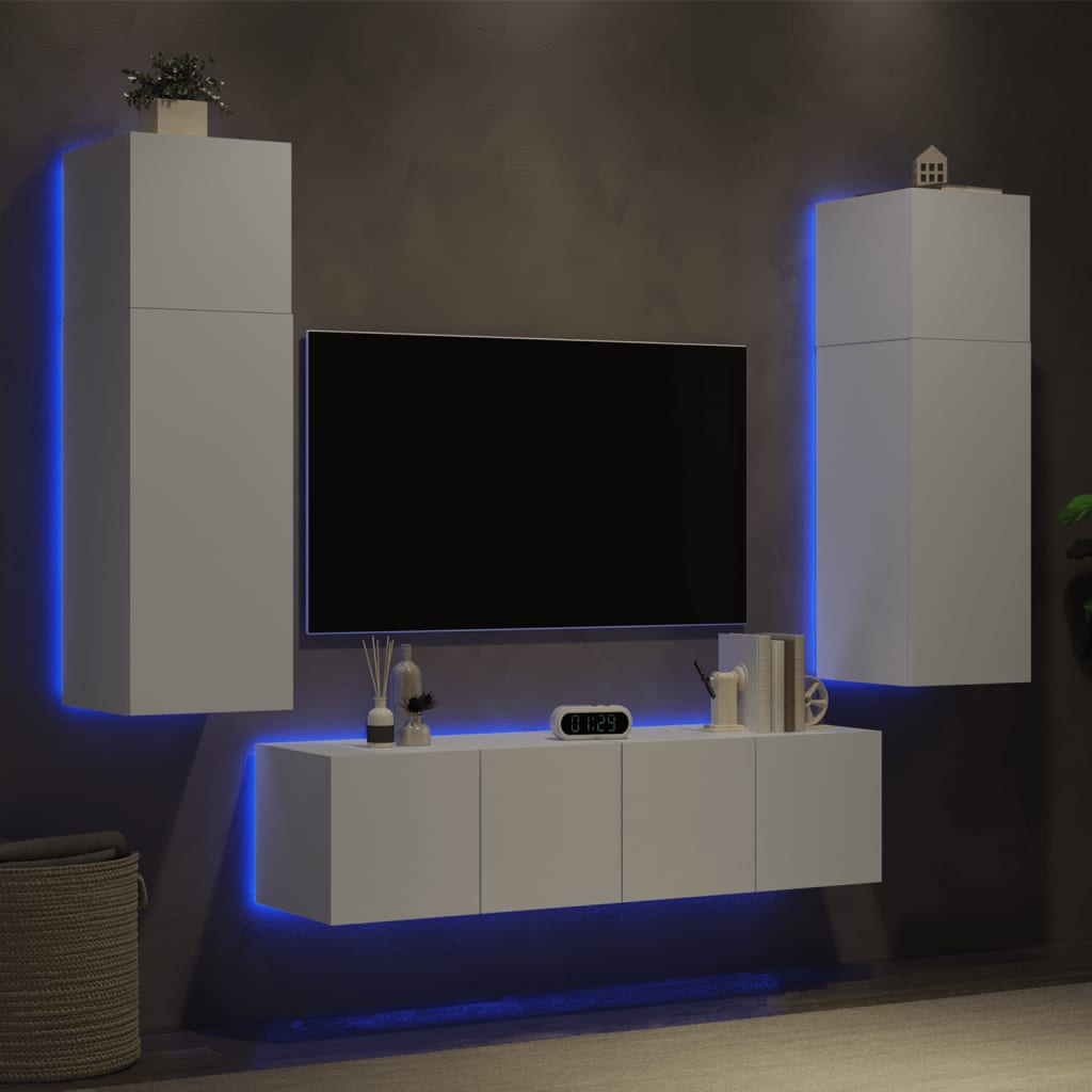 Vetonek Muebles de TV de pared con LED 6 pzas madera ingeniería blanco