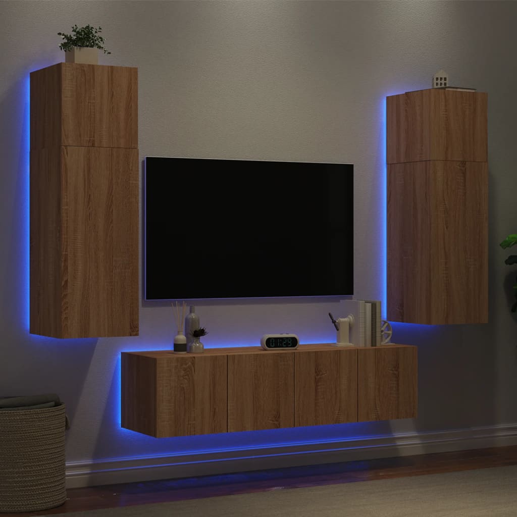 Vetonek Muebles TV pared con LED 6 pzas madera ingeniería roble Sonoma