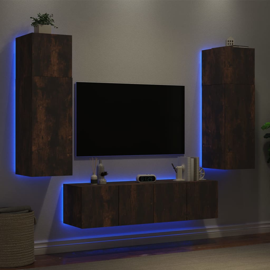 Vetonek Muebles TV pared con LED 6 pzas madera ingeniería roble ahumado