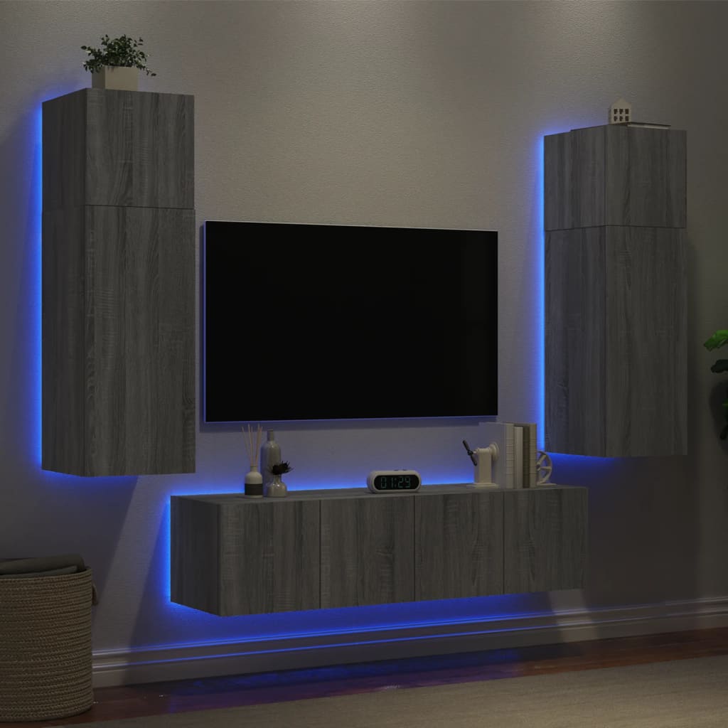 Vetonek Muebles TV pared con LED 6 pzas madera ingeniería gris Sonoma