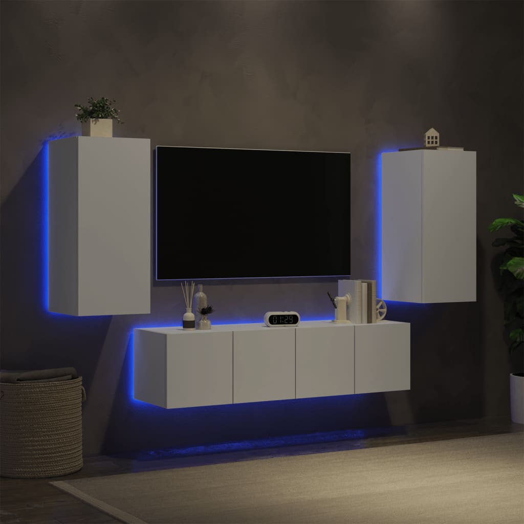 Vetonek Muebles de TV de pared con LED 4 pzas madera ingeniería blanco