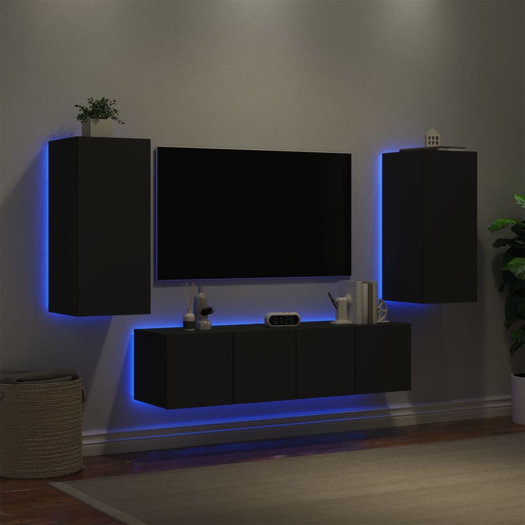 Vetonek Muebles de TV de pared con LED 4 pzas madera ingeniería negro