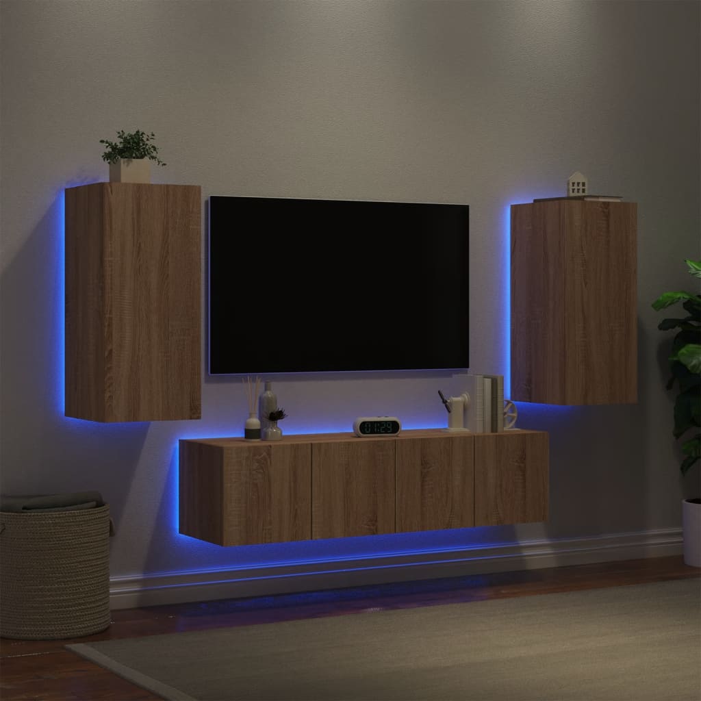 Vetonek Muebles TV pared con LED 4 pzas madera ingeniería roble Sonoma