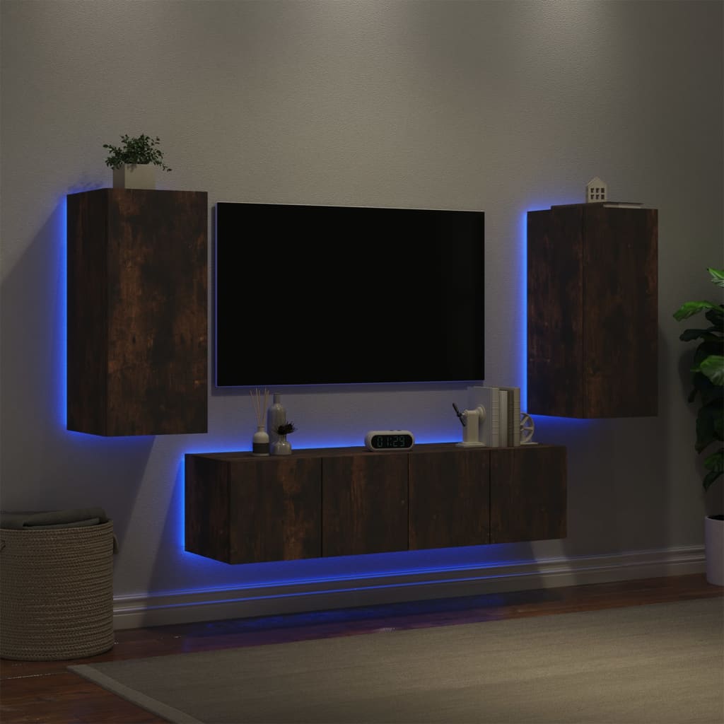 Vetonek Muebles TV pared con LED 4 pzas madera ingeniería roble ahumado