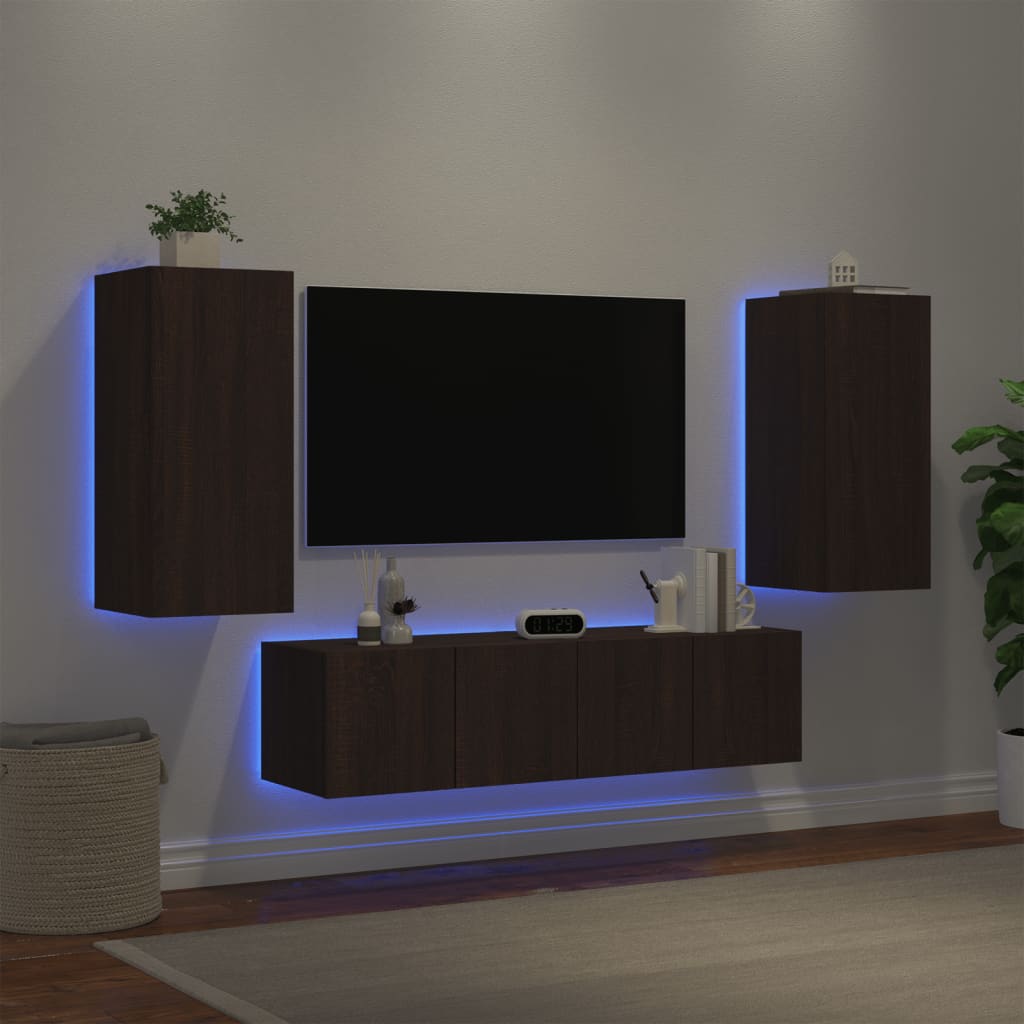 Vetonek Muebles TV pared con LED 4 pzas madera ingeniería marrón roble