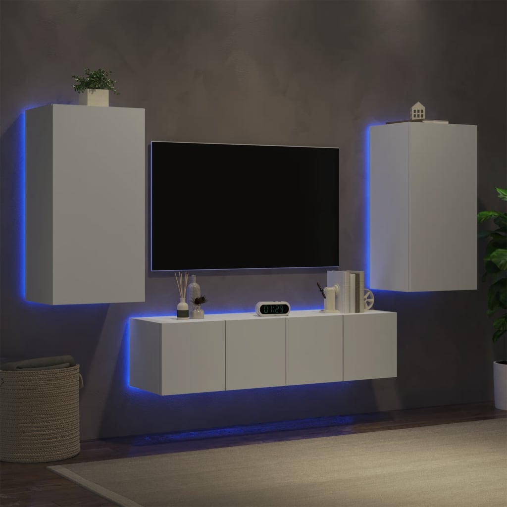 Vetonek Muebles de TV de pared con LED 4 pzas madera ingeniería blanco