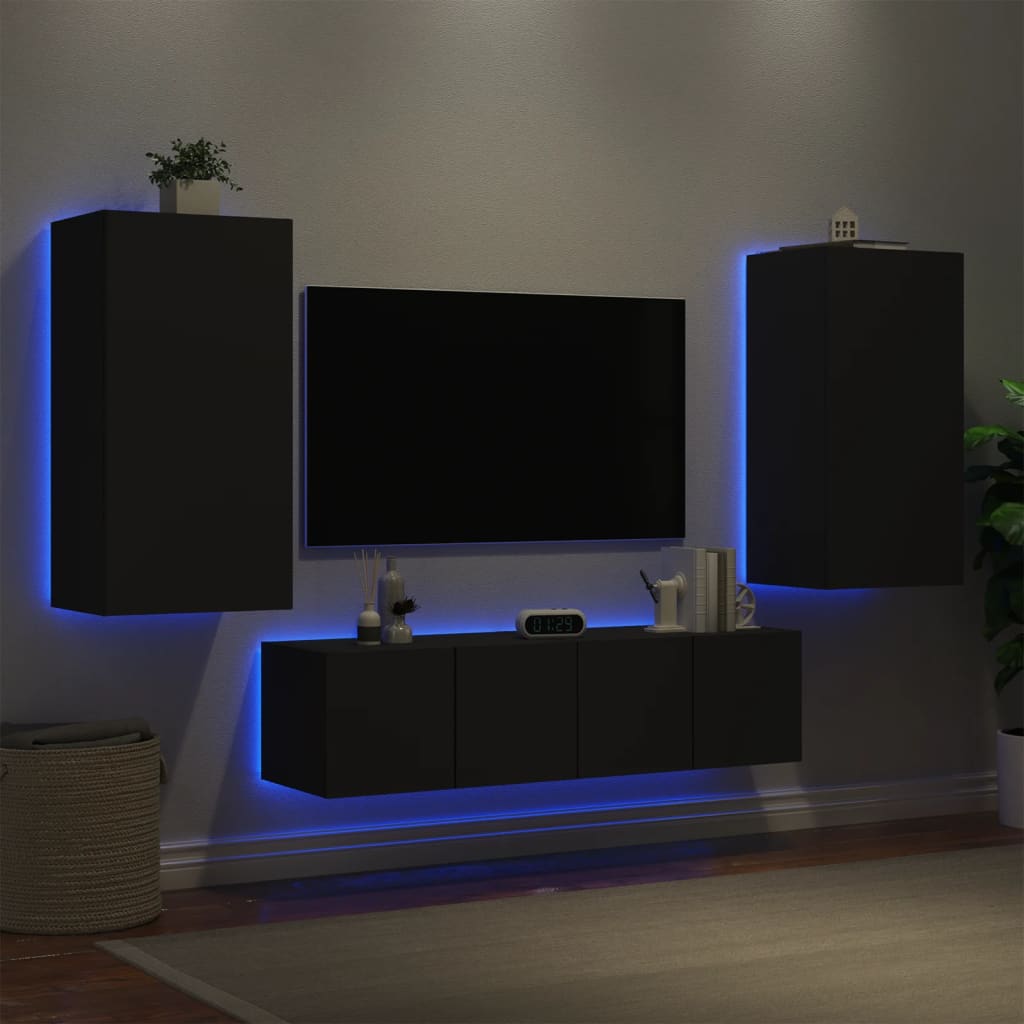 Vetonek Muebles de TV de pared con LED 4 pzas madera ingeniería negro