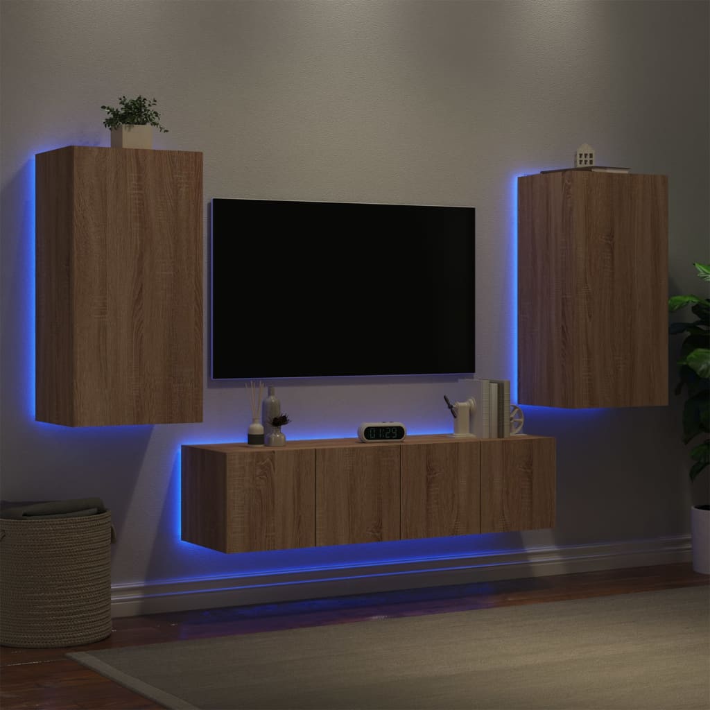 Vetonek Muebles TV pared con LED 4 pzas madera ingeniería roble Sonoma