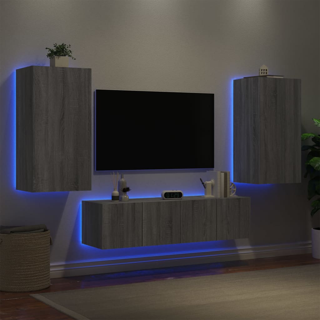 Vetonek Muebles TV pared con LED 4 pzas madera ingeniería gris Sonoma