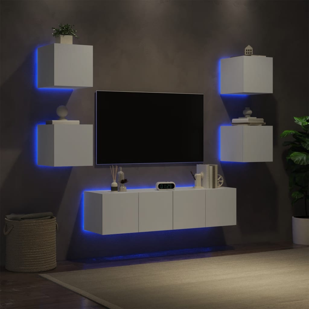 Vetonek Muebles de TV de pared con LED 6 pzas madera ingeniería blanco