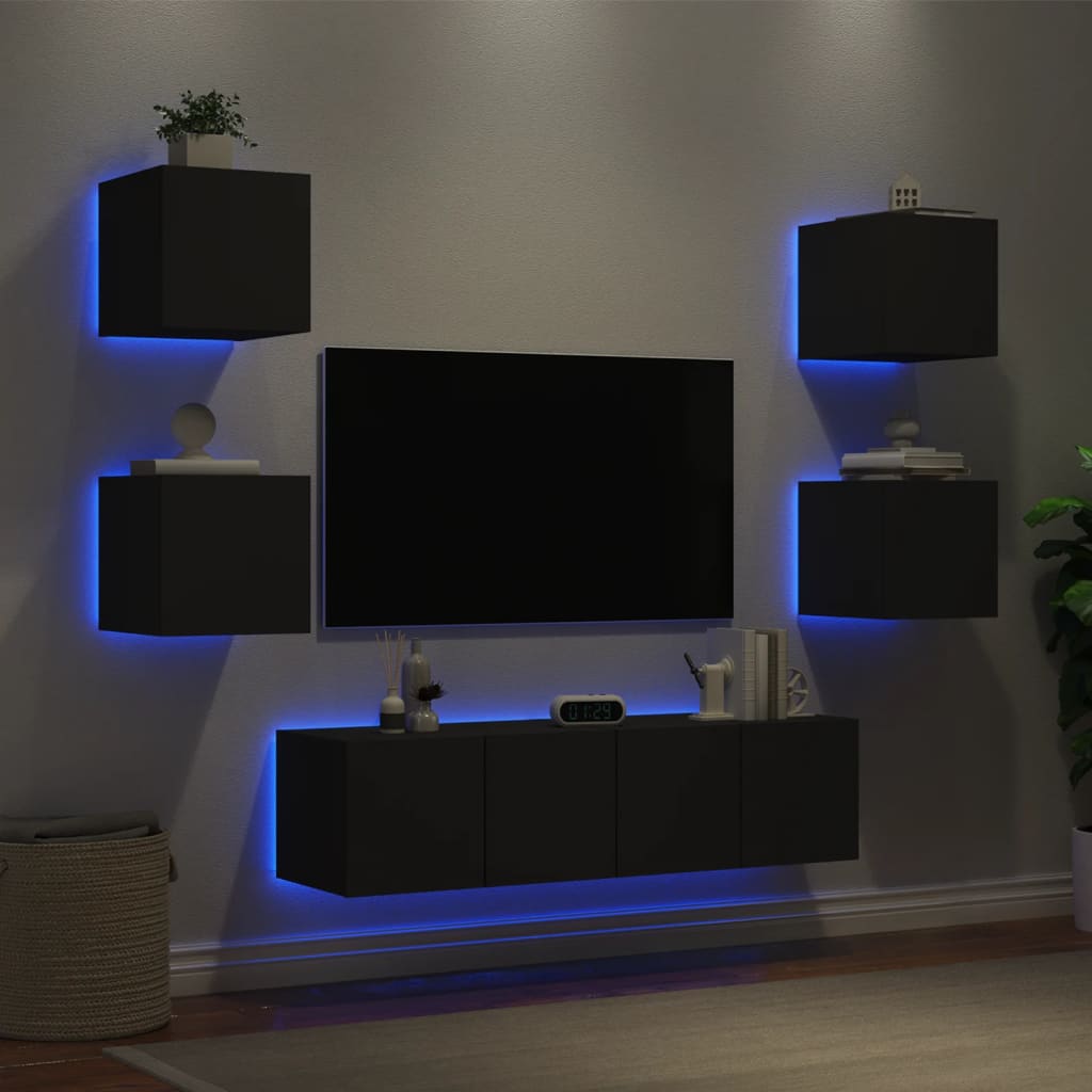 Vetonek Muebles de TV de pared con LED 6 pzas madera ingeniería negro