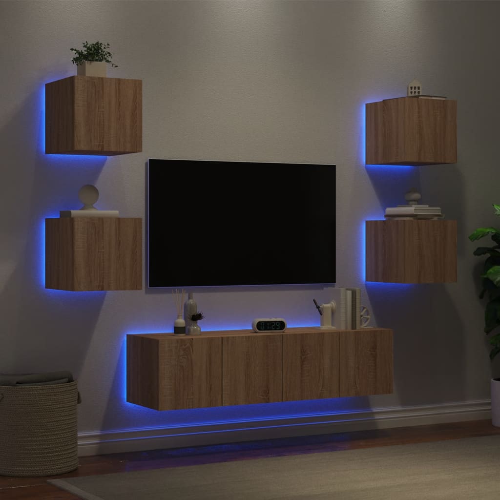 Vetonek Muebles TV pared con LED 6 pzas madera ingeniería roble Sonoma