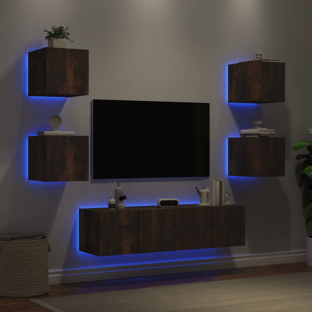 Vetonek Muebles TV pared con LED 6 pzas madera ingeniería roble ahumado