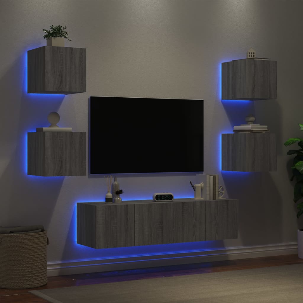 Vetonek Muebles TV pared con LED 6 pzas madera ingeniería gris Sonoma