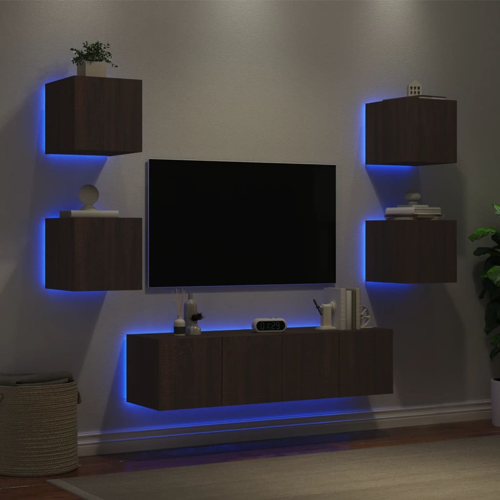 Vetonek Muebles TV pared con LED 6 pzas madera ingeniería marrón roble