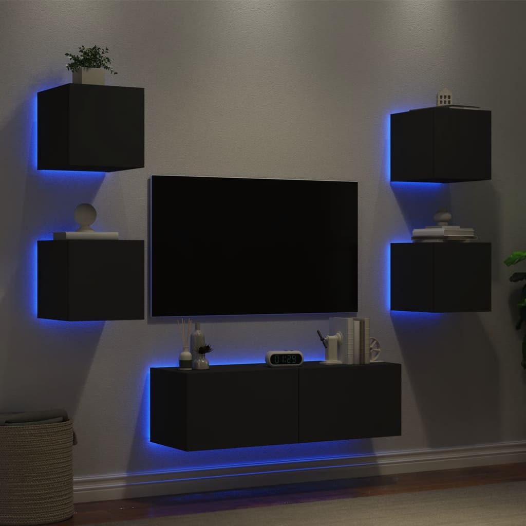 Vetonek Muebles de TV de pared con luces LED 5 piezas negro